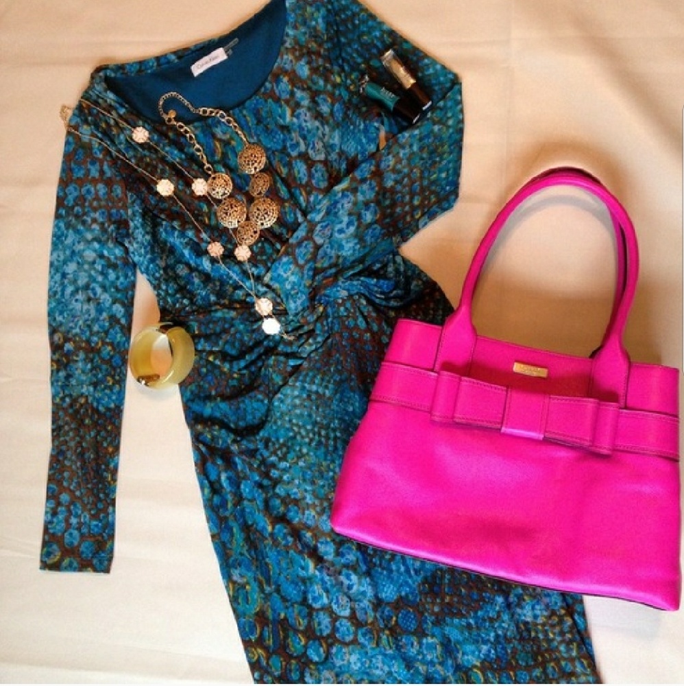 Teal brown peacock long sleeve dress